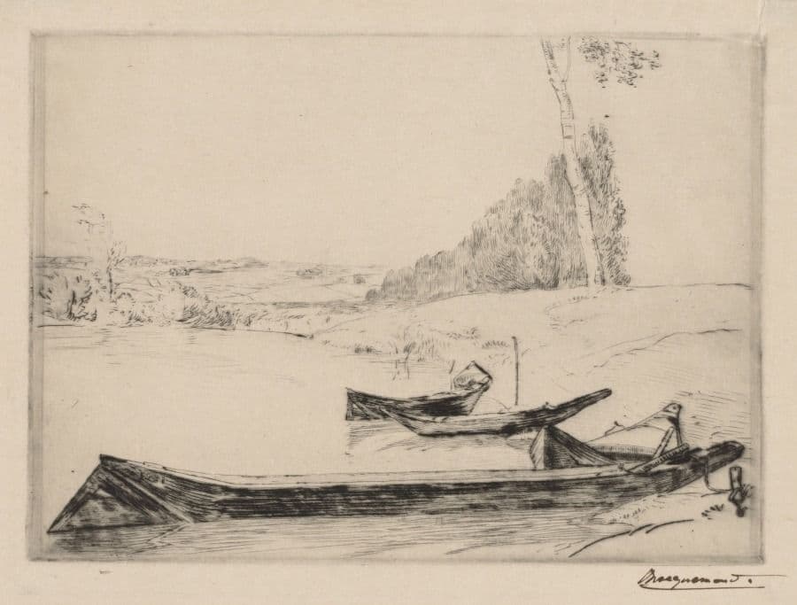 Small ferry-boats on the banks oft he Seine — Félix Bracquemond