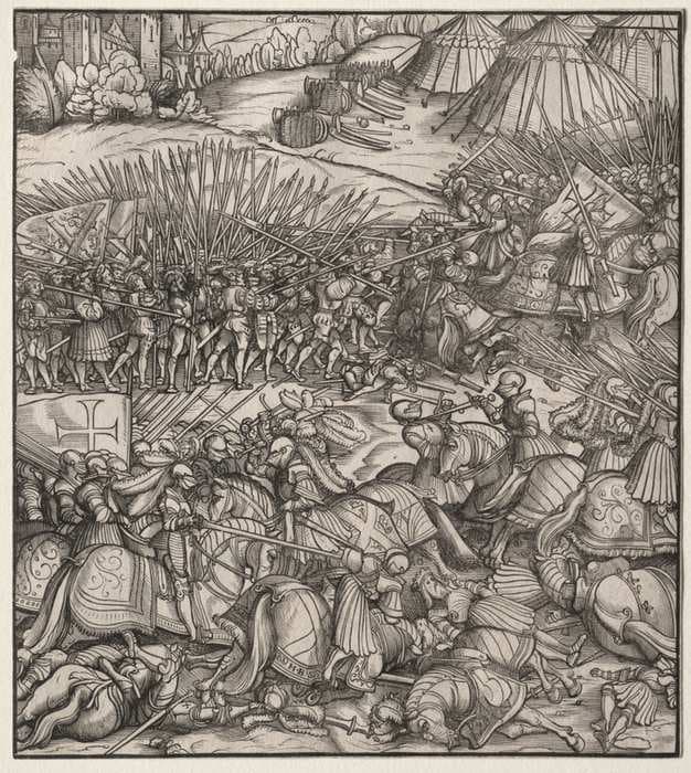 How the French King made war on the King of Feuereisen in his realm and how the King of Feuereisen died in the battle — Hans Burgkmair