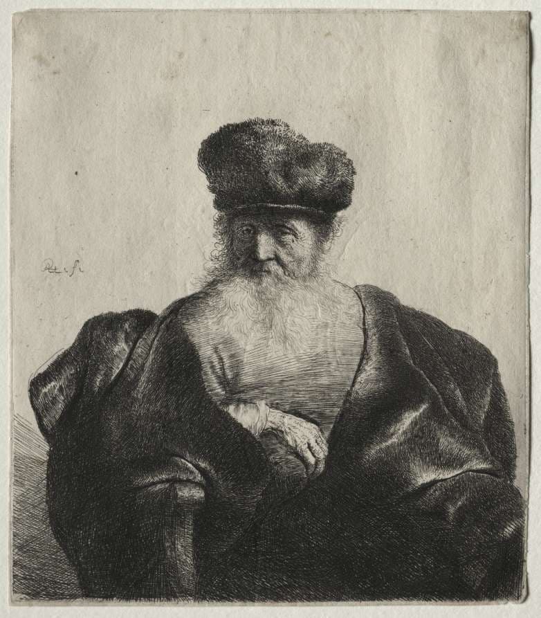 Old Man with Beard, Fur Cap, and Velvet Cloak — Rembrandt van Rijn