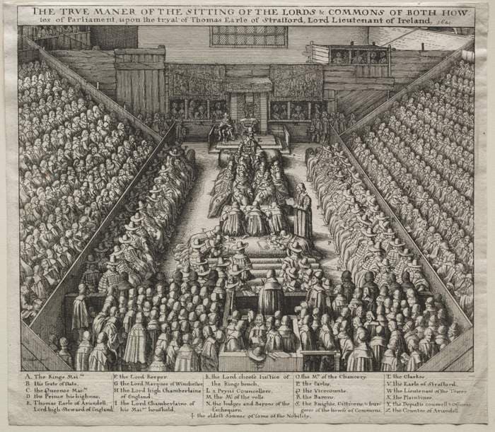 Westminster Hall, Interior, with The Trial of the Earl of Strafford — Wenceslaus Hollar