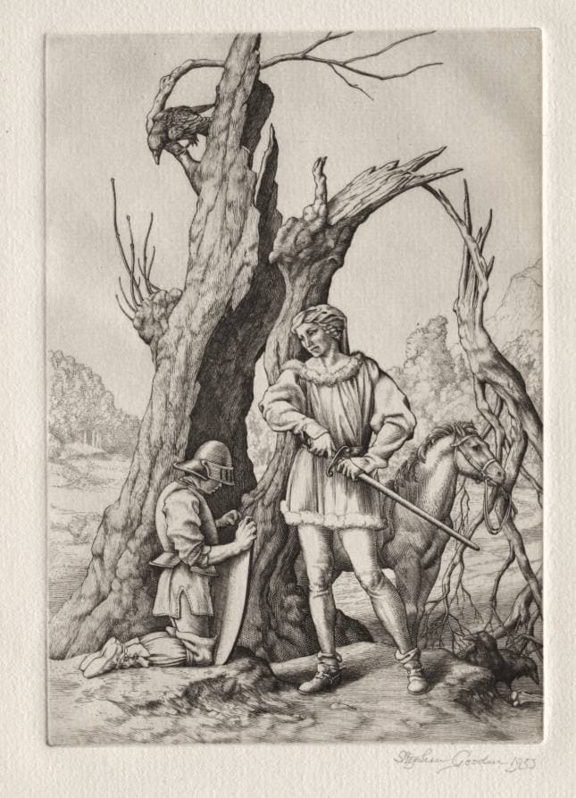 Illustration for "Peronnik the Fool":  Peronnik and Sir Gilles — Stephen Gooden