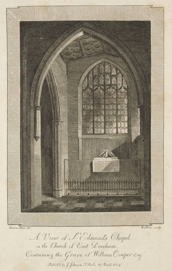 View of St. Edmund's Chapel in the Church of East Dereham, containing the Grave of William Cowper Esquire — William Blake