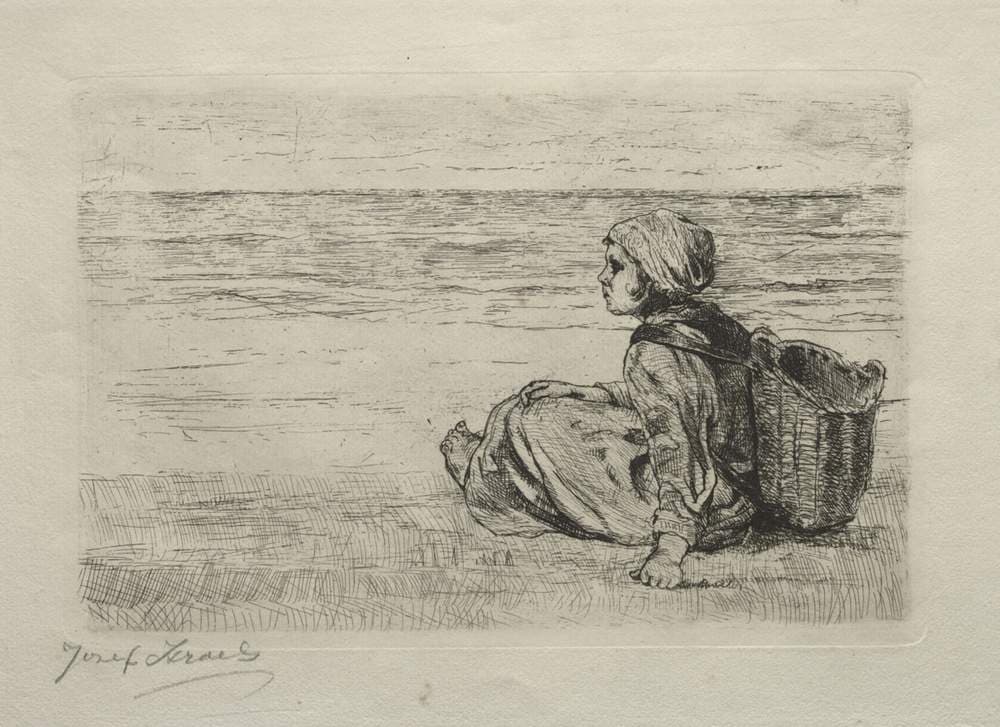 Girl with basket seated on the shore — Jozef Israëls