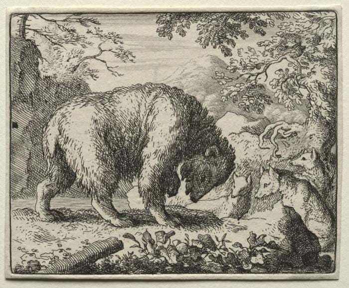 Reynard the Fox:  Reynard Promises Honey to the Bear — Allaert van Everdingen