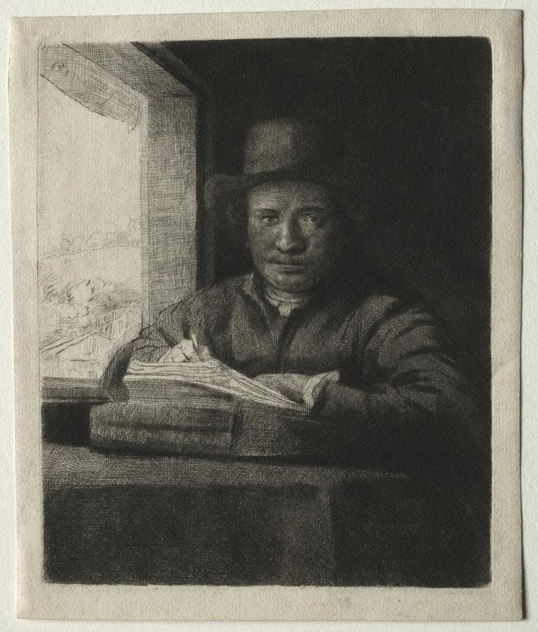 Self-Portrait Drawing at a Window — Rembrandt van Rijn
