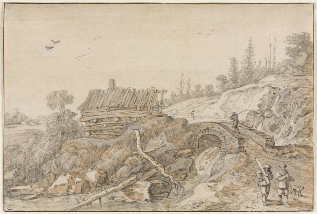 Hilly Landscape with Hut Beside a Stream — Esaias van de Velde