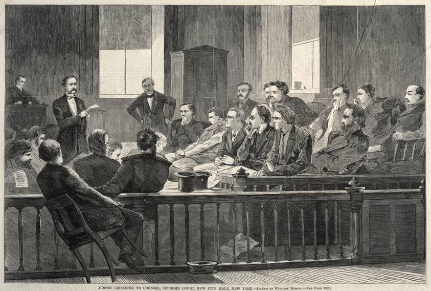 Jurors Listening to Counsel, Supreme Court, New City Hall, New York — Winslow Homer