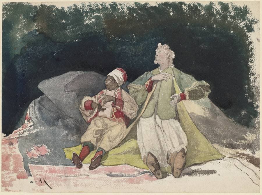 Two Dolls or Puppets Sitting on Cushions — Henri-Joseph Harpignies
