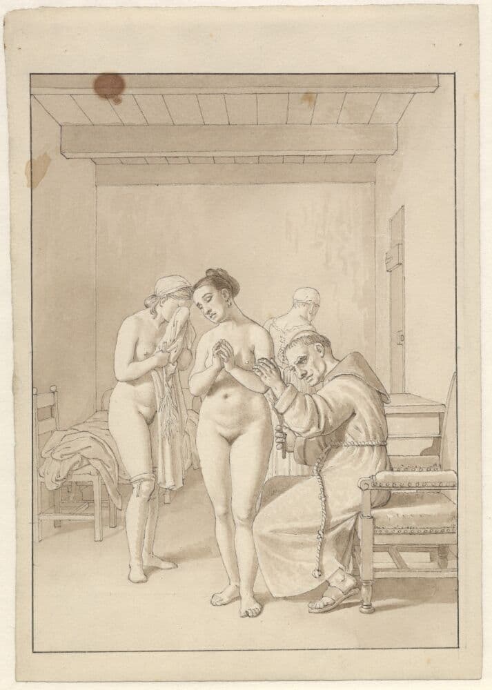 A Monk Disciplining two Naked Women — Christoffer Wilhelm Eckersberg