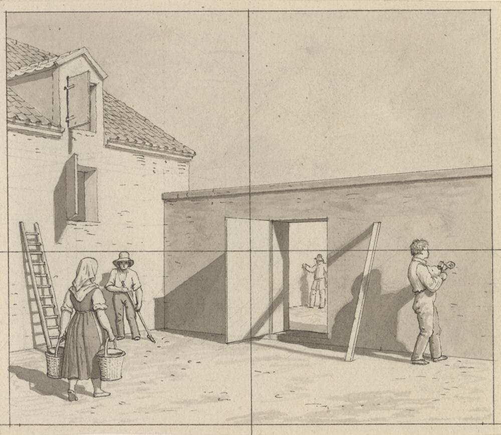 Linearperspectiven, anvendt paa malerkunsten - udkast til ikke anvendt illustration - Dansk gårdsplads med fire bønder og håndværkere. — Christoffer Wilhelm Eckersberg