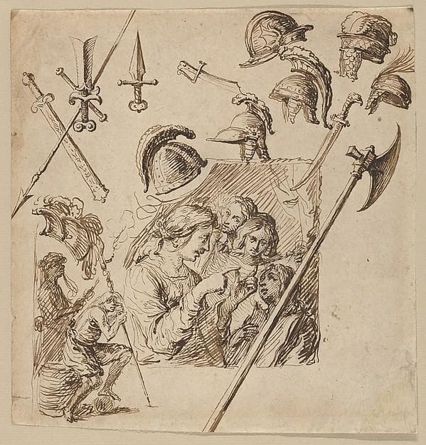 Sheet with Two Figural Compositions and Studies of Helmets and Arms — Jacques de Gheyn II