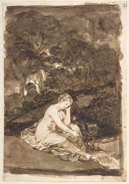 A partly naked woman seated by a stream; page 32 from the "Images of Spain" Album (F) — Francisco Goya