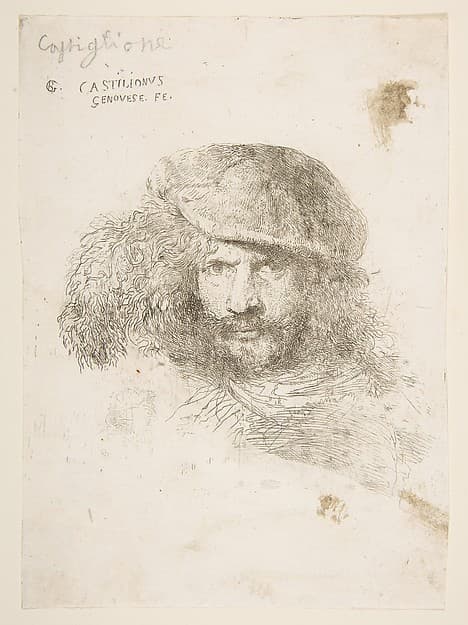 Head of a man wearing a feathered cap (possibly Bernini, possibly a self portrait), from "Large Oriental Heads" — Giovanni Benedetto Castiglione