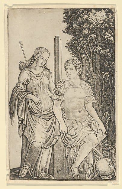 Venus standing at left resting her hand on the shoulder of Aeneas seated at right — Marcantonio Raimondi