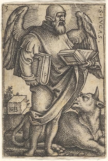 Plate 3: Saint Luke with his head turned in profile to the right, a book in each hand, a bull at his feet, from 'The four evangelists' — Sebald Beham