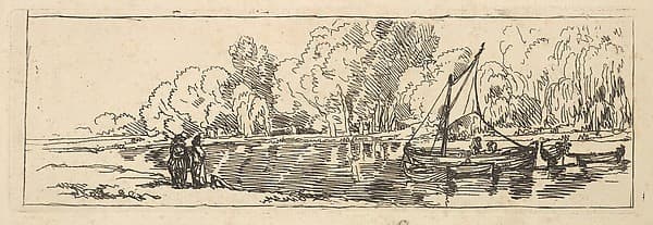 River or Pond Scene: a Sailboat and Dinghy with Figures on the Near Bank — Thomas Rowlandson