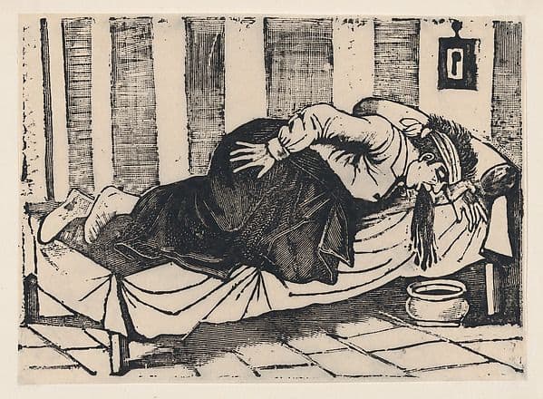 A man leaning over the side of a bed vomiting, from a broadside entitled 'Death of  Aurelio Caballero due to yellow fever in Veracruz' — José Guadalupe Posada