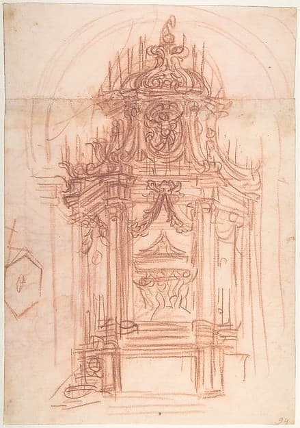 Design for a Catafalque (recto); Female Saint Kneeling on Clouds under an Arch, and a Design for the Pinnacle of the Catafalque (verso) — Baldassare Franceschini