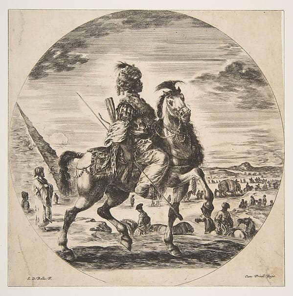 Moorish horseman in profile facing right, in the background a pyramid at left, many figures and an elephant, from 'Figures on Horseback' (Cavaliers nègres, polonais et hongrois) — Stefano Della Bella