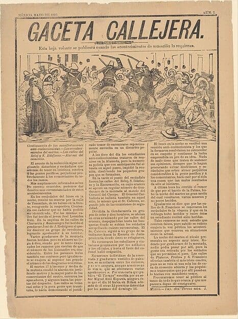 Page from the 'Gaceta Callejera' relating to the continuation of anti-re-election riots — José Guadalupe Posada