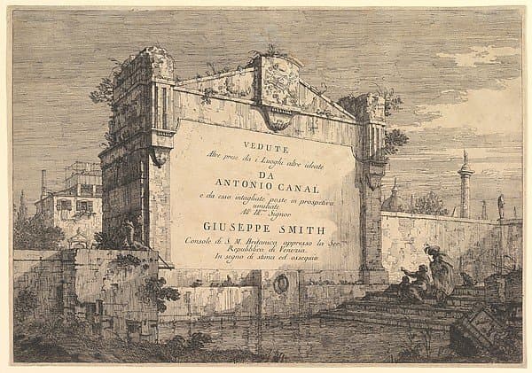 Title plate of 'Vedute altre prese da i luoghi altre ideate', with title and publication information inscribed into a wall plaque at the edge of a canal — Canaletto