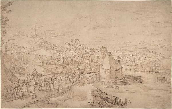 River Landscape with Wagons on a Road near a Village — Joos de Momper the Younger