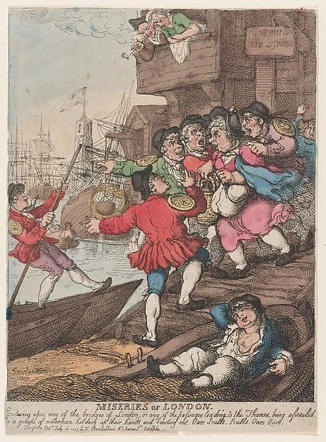 Miseries of London: Entering upon any of the bridges of London or any of the passages leading to the Thames being assailed by a groupe [sic] of watermen holding up their hands and bawling out. Oars Sculls. Sculls. Oars. Oars. — Thomas Rowlandson