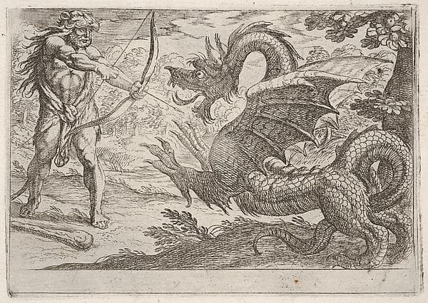 Hercules and the Serpent Ladon: Hercules draws his bow, the rearing serpent appears in profile, from the series 'The Labors of Hercules' — Antonio Tempesta