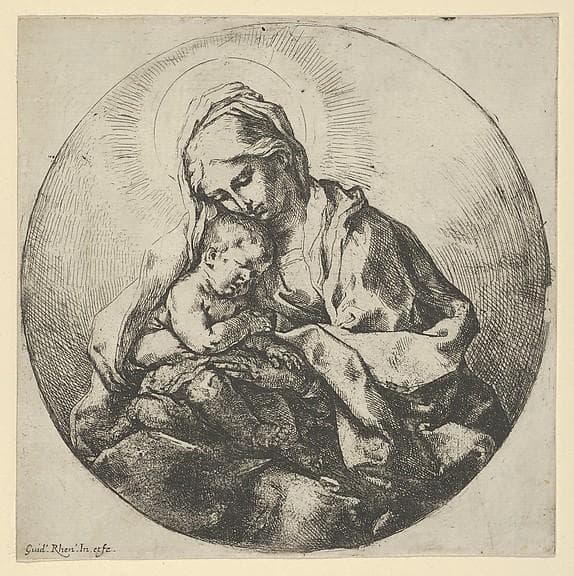 The Virgin holding the infant Christ with the fingers of her right hand hidden, a circular composition — Guido Reni