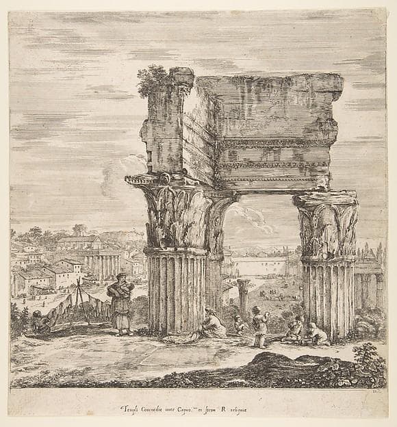 The Temple of Vespasian and the Roman Forum, from 'Six large views, four of Rome, and two of the Roman countryside' (Six grandes vues, dont quatre de Rome et deux de la Campagne romaine) — Stefano Della Bella