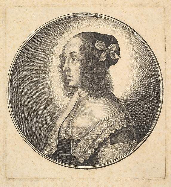 Woman with dark hair and a bow in profile to the left — Wenceslaus Hollar