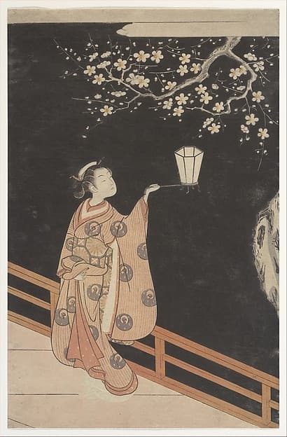 鈴木春信画　夜の梅|Woman Admiring Plum Blossoms at Night — Suzuki Harunobu