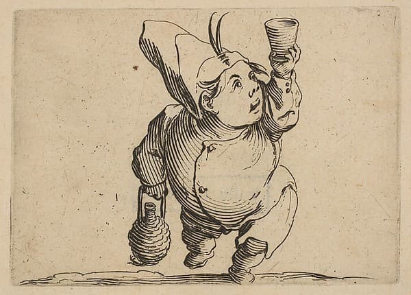 Le Beveur vu de Face (The Drinker Viewed from the Front), from Varie Figure Gobbi, suite appelée aussi Les Bossus, Les Pygmées, Les Nains Grotesques (Various Hunchbacked Figures, The Hunchbacks, The Pygmes, The Grotesque Dwarfs) — Jacques Callot