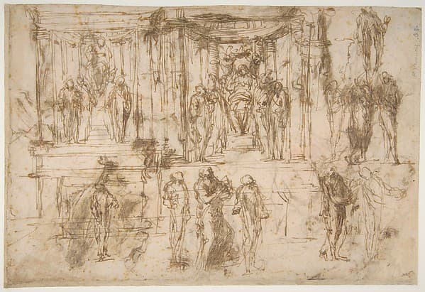 Studies for an Altarpiece with the Virgin Enthroned, Attended by Four Saints (recto); Various Figure Studies, Some Possibly for a Deposition of Christ (verso) — Polidoro da Caravaggio