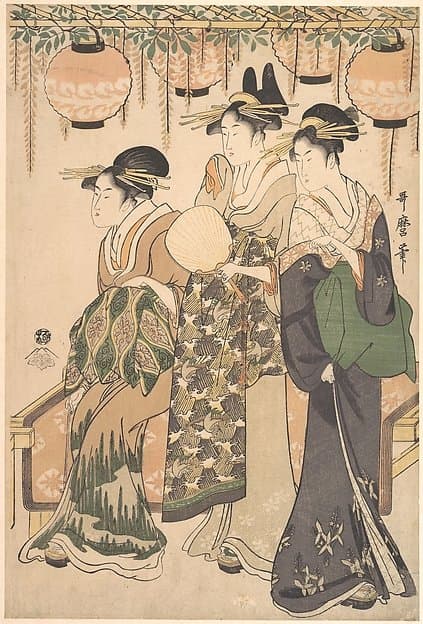Courtesans Beneath a Wisteria Arbor (Fuji dana shita no yūjo tachi) — Utamaro