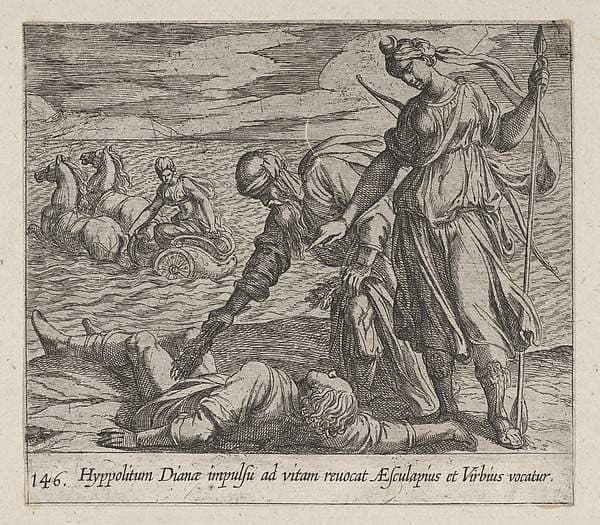 Plate 146: Hippolytus Saved from Death (Hippolitum Dianae impulsu ad vitam revocat  AEsculapius et Virbius vocatur), from Ovid's 'Metamorphoses' — Antonio Tempesta