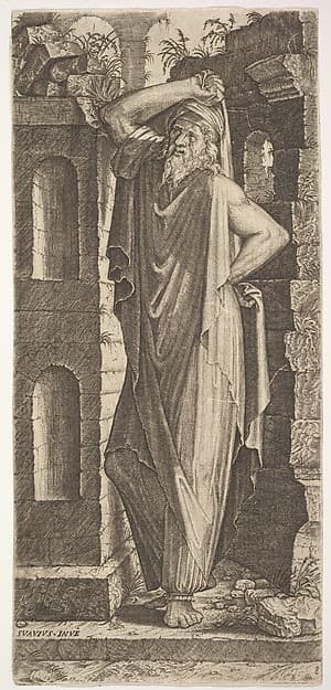 St. Philip(?), standing with his left hand on his hip and his right hand resting on his head, masonry walls to his right and behind him, from "Christ and the Twelve Apostles" — Lambert Suavius