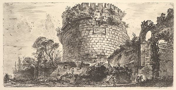 Plate 20: Tomb of Caecilia Metella called the Capo di Bove (Ox Head) (Sepolcro di Metela detto Capo di Bove), from "Alcune Vedute di Archi Trionfali ed altri monumenti inalzati da Romani parte di quali se veggono in Roma e parte per l'Italia" (Some Views of Triumphal Arches and other monuments erected by the Romans, some of which are in Rome and some elsewhere in Italy) — Giovanni Battista Piranesi