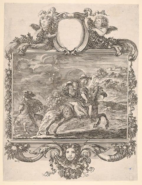A horseman and a lady riding side saddle, galloping towards the right, another horseman follows, in an elaborate frame decorated with a mask of a young woman, cherubs, and fruit — Stefano Della Bella