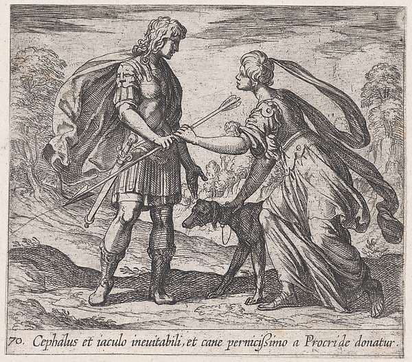 Pltae 70: Procris Giving Cephalus a Dog and a Javelin (Cephalus et iaculo inevitabili, et cane pernicißimo a Procride donatur), from Ovid's 'Metamorphoses' — Antonio Tempesta