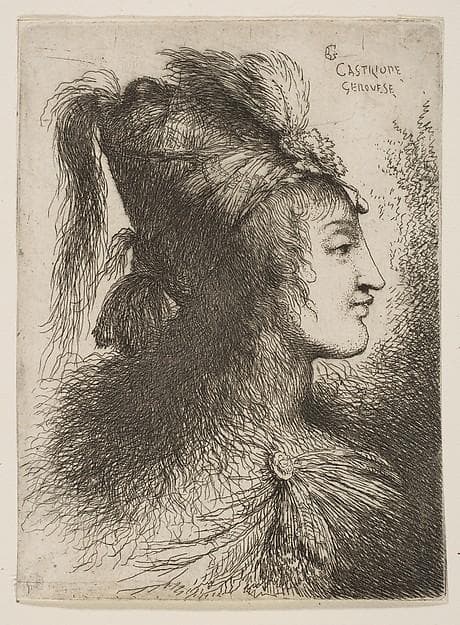 Young man wearing a plumed turban, facing right, from "Small Heads in Oriental Headdress" — Giovanni Benedetto Castiglione