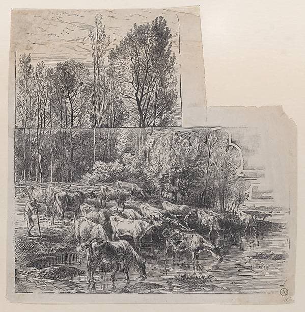 Herdsman and Cattle at Ford — Charles Émile Jacque