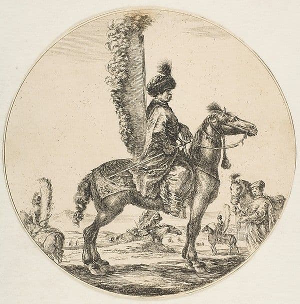 Polish hussar in profile facing right with wings attached to his back, a circular composition, from "Figures on Horseback" (Cavaliers nègres, polonais et hongrois) — Stefano Della Bella