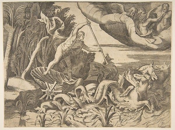Neptune in his Chariot being drawn by seahorses, from the 'Division of the Universe' — Giulio Bonasone