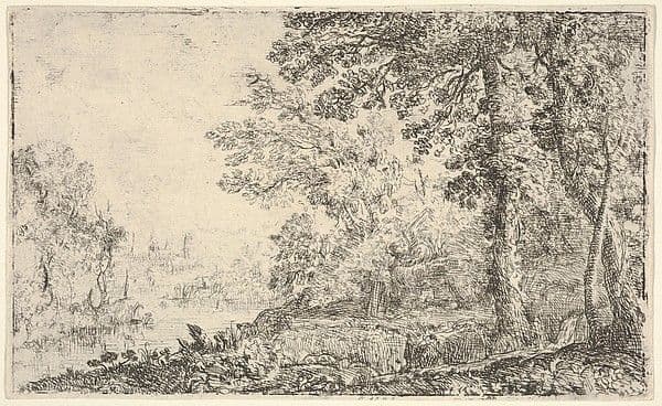 A landscape with a monk and an angel in the center, a town to the left (The Vision) — Claude Lorrain