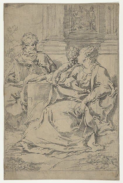 The Holy Family seated together in front of a collonade, Saint Joseph reading and the young Christ grasping the Virgin's drapery — Guido Reni