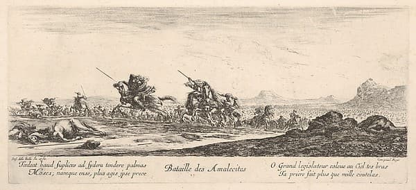 Battle of the Amalekites (Bataille des Amalecites), Amalekites on horseback gallop towards the left, pursued by the Israelites, a dead man to right, a dead horse to left — Stefano Della Bella