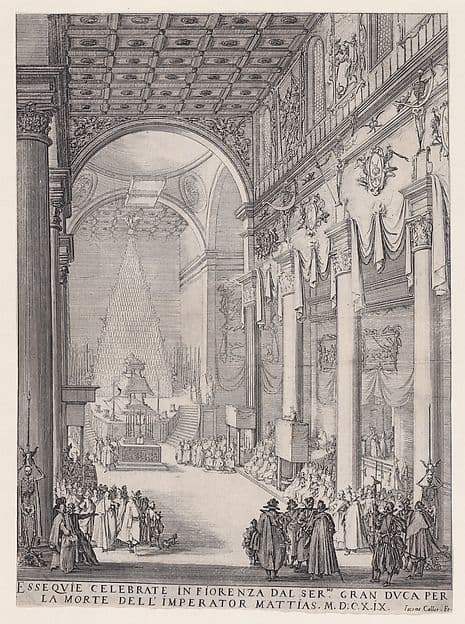 Le Catafalque de l'Empereur Mathais pièce appelée aussi Le Petit Prédicateur, La Chapelle Funèbre de Florence et Requiem de L'Empereur Mathais (The Catafalque of the Emperor Matthais, piece also called The Small Preacher, The Funerary Chapel of Florence, The Requiem of the Emperor Matthais) — Jacques Callot