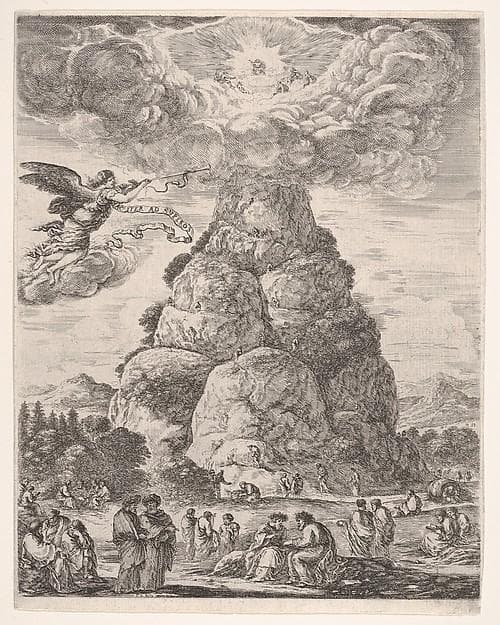 Rock of the Philosphers, or Mount Parnassus, many ancient philosophers gathered in groups at the base of the mountain in the foreground, Diogenes in his barrel to right and Archimedes in center studying an armillary sphere in the middleground, an angel in the sky to left, the mountain in the background, a large cloud at the top of the mountain with the assembly of the gods — Stefano Della Bella