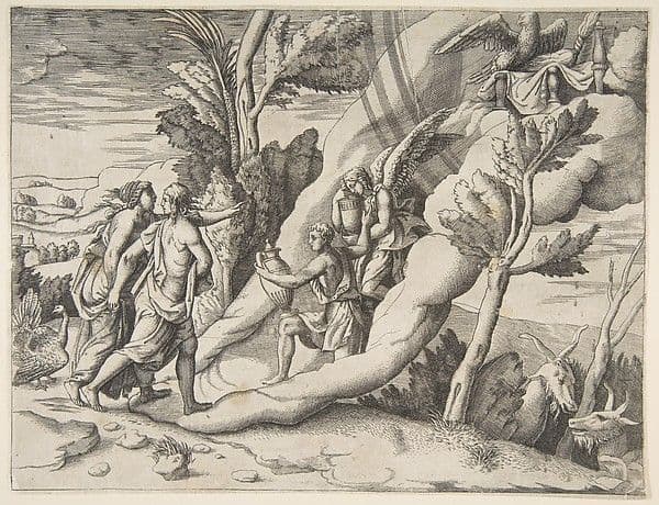 Jupiter and Juno being received in the heavens by Ganymede and Hebe, from "Division of the Universe" — Giulio Bonasone